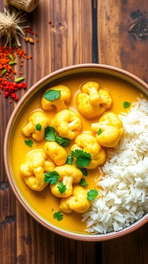 A bowl of spicy cauliflower yellow curry with cilantro and rice on a rustic table.